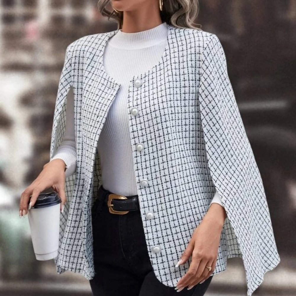 Elegant Cloak Sleeve Plaid Print white Cape Overcoat - Picture 5 of 6